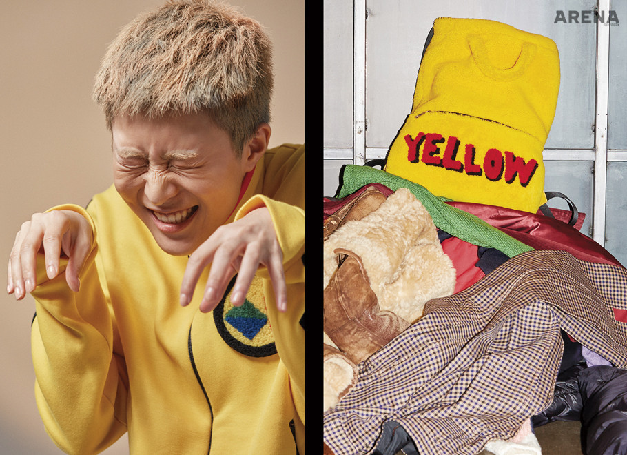 노란색 저지 재킷 1백24만원·시어링 소재 메신저 백 4백48만원 모두 펜디 제품.