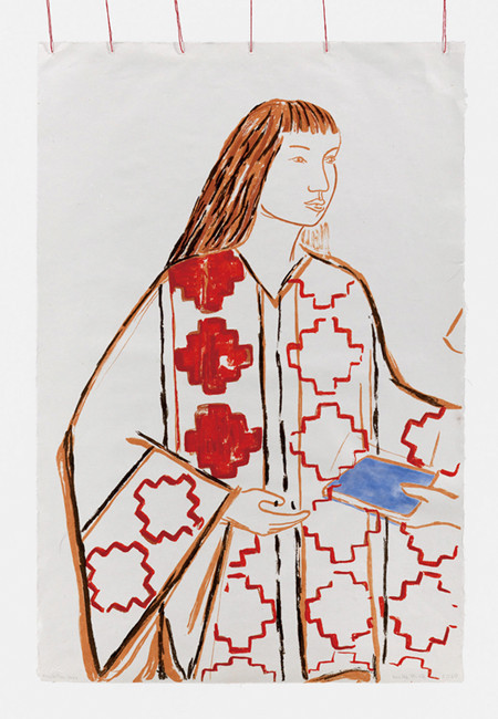 Cecilia Vicuna ‘Nina Mapuche’ 1975~2021, Edition Variee.
Lithography with Hand Coloring (Watercolor) on Mulberry
Paper with Bamboo and Red Thread, 76.2×50.8cm,
Courtesy the Artist and Lehmann Maupin, New York, Hong
Kong, Seoul and London.