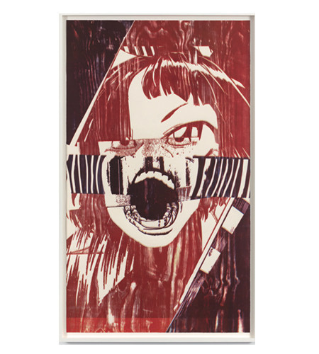 CHRISTIAN MARCLAY, Scream(Shaking Red), 2019,
color woodcut on Saunders Waterford 190 gsm hot press
paper, image 81 1/2×47 7/8in.(207×121.6cm),
frame 85 1/2×51 3/4×2 1/2in.(217.2×131.4×6.4cm)
signed, dated and numbered verso: ‘Christian Marclay
2019 028’
© Christian Marclay. Courtesy Paula, Cooper Gallery,
New York