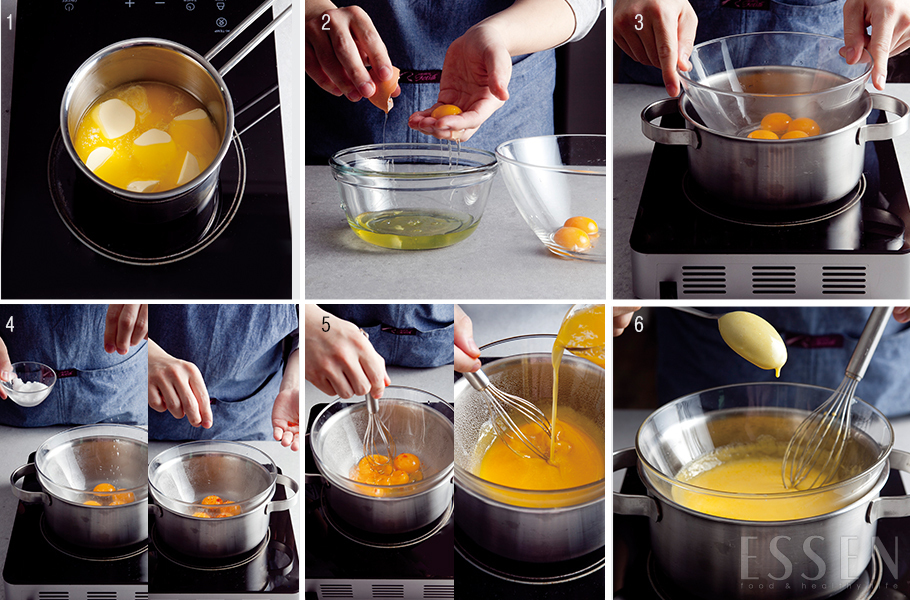 step 1 홀랜다이즈소스(hollandaise sauce) 만들기

❶ 냄비에 버터를 넣고 녹인다. 
❷ 달걀 4개는 노른자와 흰자를 분리한 뒤 노른자를 볼에 담는다. 
❸ 냄비에 물을 붓고 끓인 뒤 노른자를 담은 볼을 올린다.
tip 서서히 익히기 위해 중탕을 한다. 약한 불에서 기포가 4~5개 올라오는 정도(시머링, simmering)로만 끓이고 그 위에 볼을 놓는다. 
❹ 노른자에 화이트와인비니거, 소금 2꼬집, 카옌페퍼 1꼬집을 넣는다. 
tip 소량의 카옌페퍼는 매운맛을 내기보다는 혀가 생생하게 맛을 
느낄 수 있게 도와준다.
❺ 노른자를 거품기로 저어가면서 녹인 버터를 조금씩 붓는다.
tip 이 과정이 어렵다면 믹서에 달걀, 와인비니거, 소금, 카옌페퍼를 넣고 가장 낮은 파워로 돌리면서 뜨거운 버터를 조금씩 부으면 1분 안에 홀랜다이즈소스를 완성할 수 있다.
❻ 숟가락을 넣어보아 소스가 흘러내리지 않고 표면에 코팅되면 불에서 내린다. 
