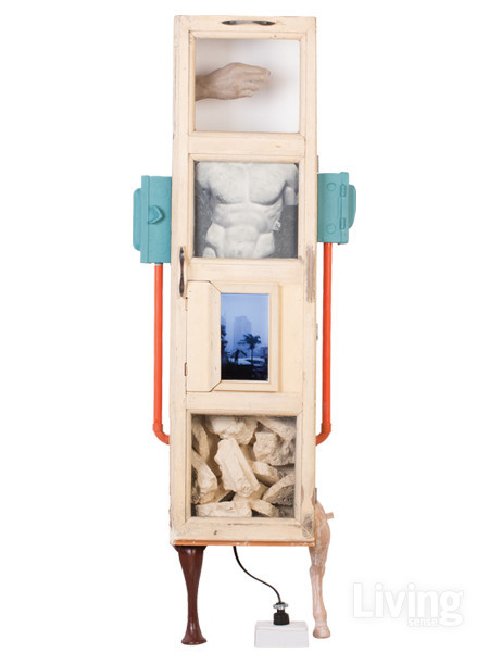 Josè Santos III, ‘Erect’, 2019, Oil and charcoal on panel and assemblage of found object, castings and video monitor, 146×52.5×21cm, Courtesy of The Drawing Room and artist Josè Santos III. 